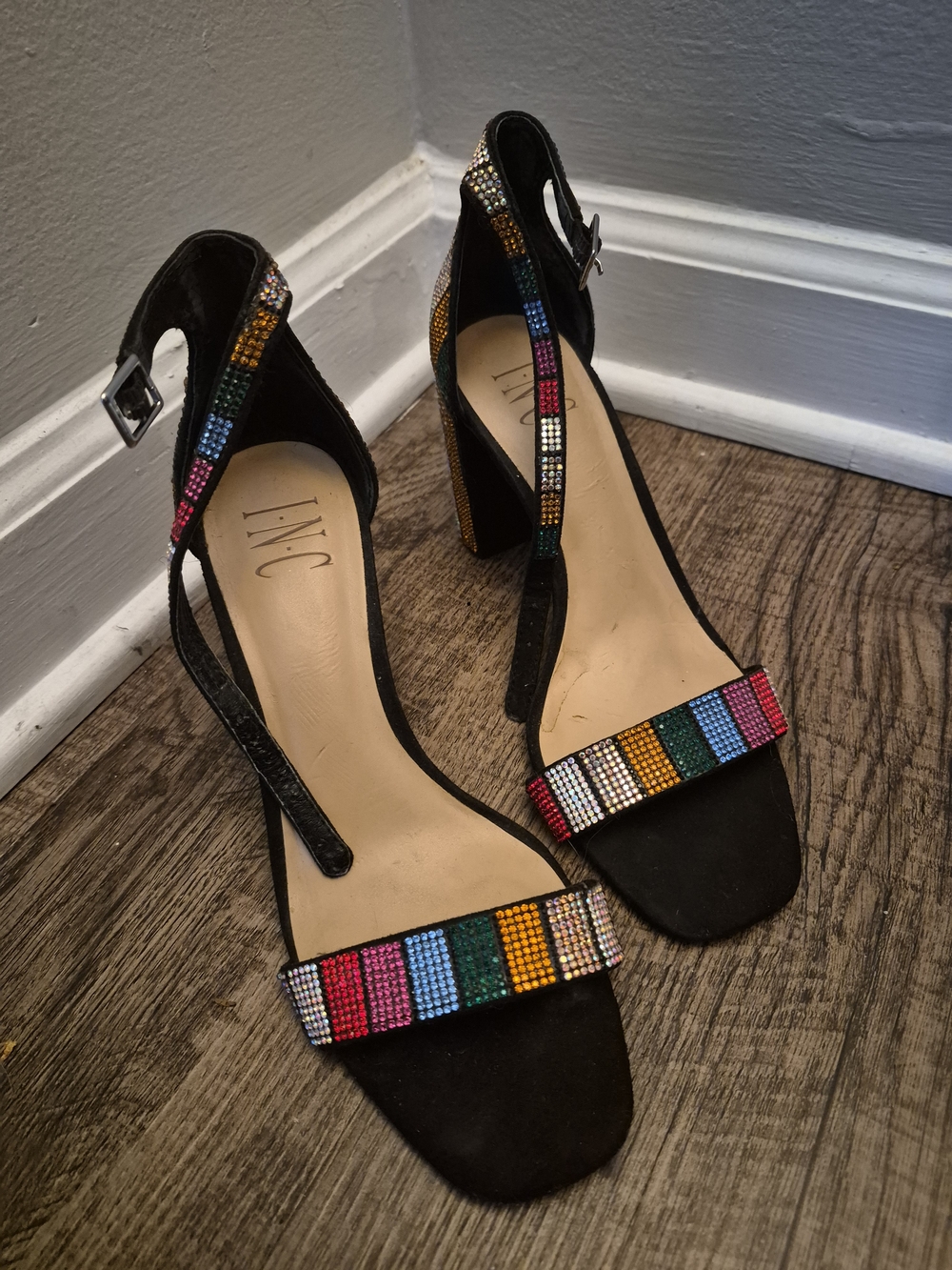 INC International Concepts Black Block Heel Sandals with Rainbow Crystal Straps